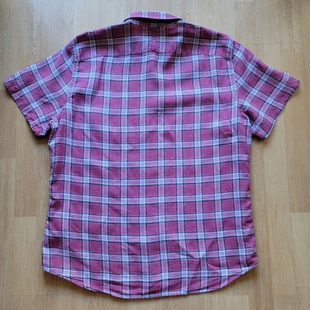 Banana Republic Mens 100% Linen Short Sleeve Plaid Button Down Shirt Pink Size L